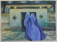 Zeitungsbilder: Die blauen Schwestern, Oel auf unbelichtetem Fotopapier,31 x 41,5 cm